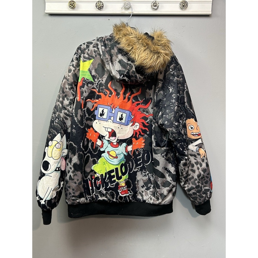 Members Only Nickelodeon Rugrats Coat Fur Hooded Quilted Puffer Mens XL Black